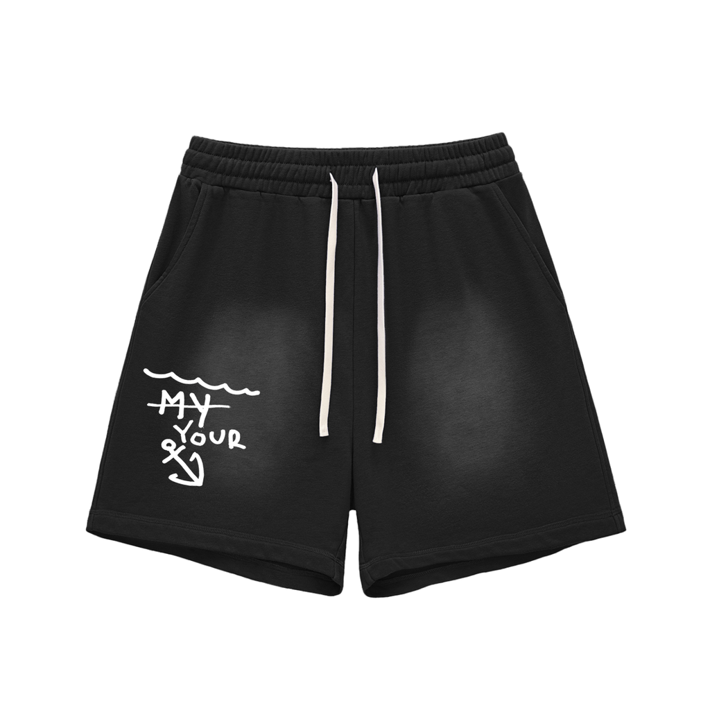 "Sink 2 Your Level" Sun Fade Raw Edge Cotton Shorts
